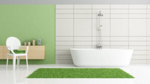 Kamar mandi minimalis dengan aksen hijau